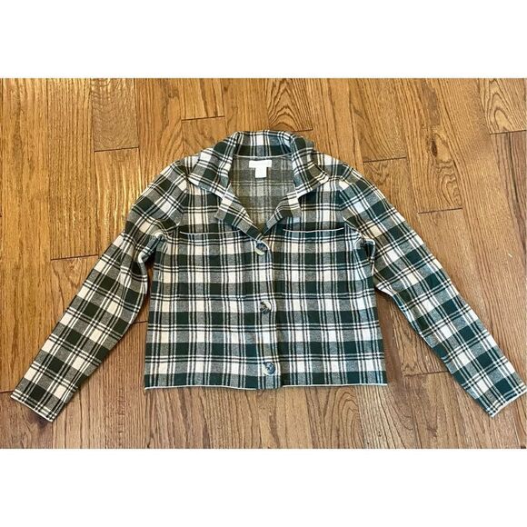 Cynthia Rowley green plaid cropped collared cardigan M - Picture 2 of 8